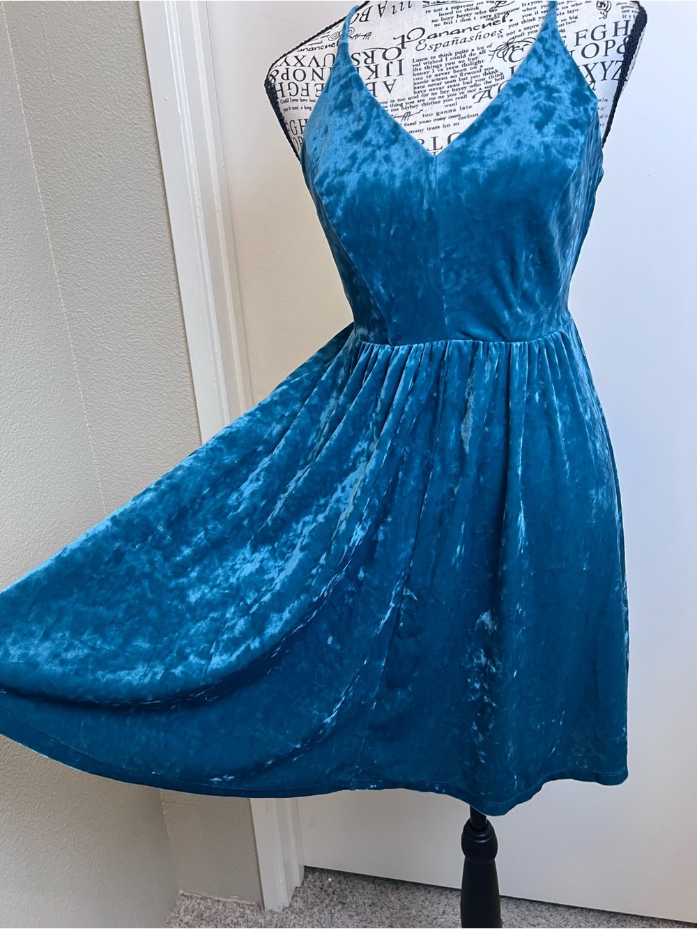 Teal Crushed Velvet Skater Dress Fairycore Whimsigoth Small Wedding guest dress - Picture 2 of 8